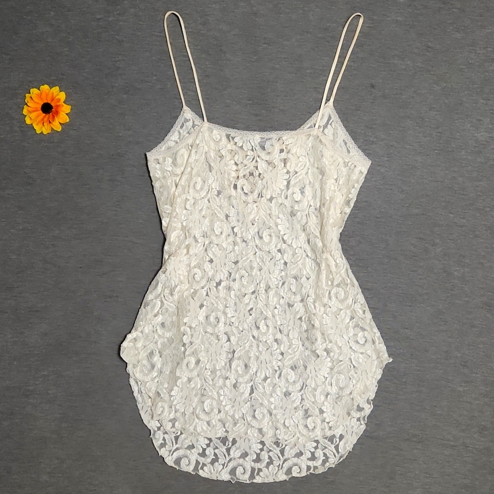 Vintage Sheer Floral Lacey Lingerie Ivory Cream Slip Chemise Tank Mini Dress - Picture 7 of 15
